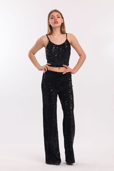Sense Lined Elastic Wide Leg Sequined Plus Size Evening Dress Pants |   Pnt34693 Black Black