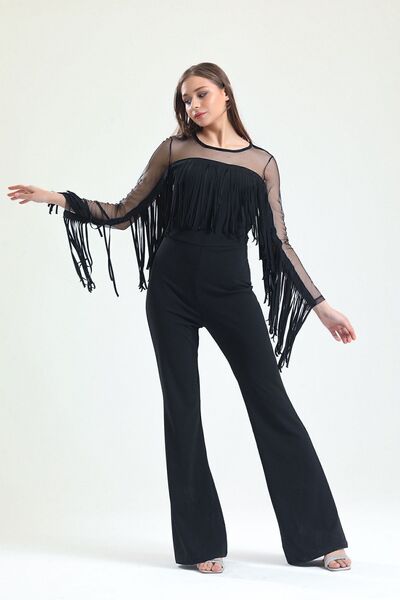 Sense Scuba Crepe Jumpsuit with Hidden Zipper and Tassels| Tlm34163 Black