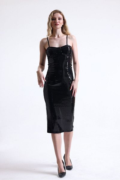 Sense Glop Sequin Sequin Long Evening Dress| Elb3368 Black