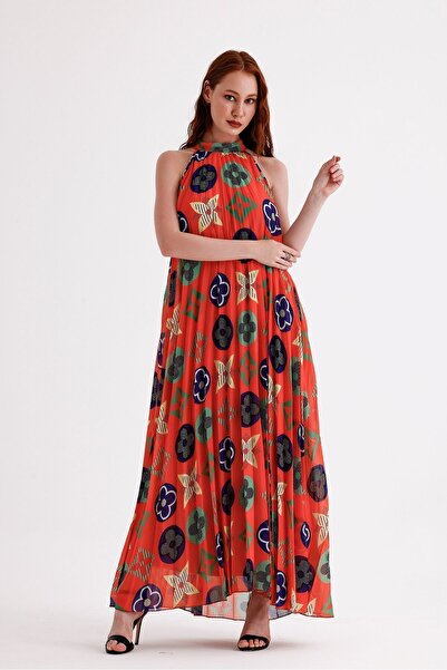 Sense Pleated and Patterned Chiffon Evening Dress - Lined, Long, Orange| ELB35127SF