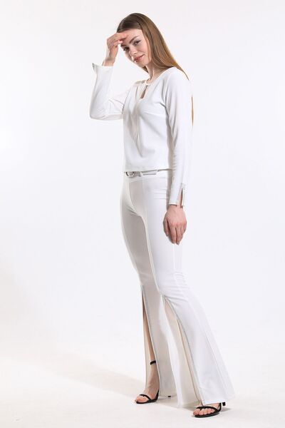 Sense Scuba Crepe Evening Dress - Stone Detailed Trousers, Belted Leg| Pnt34185 Ecru