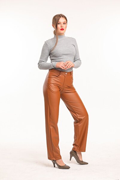 Sense Leather Button and Zippered Velvet Pants| Pnt33751 Tan