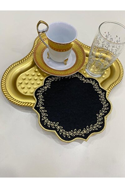 İNCİ ÇEYİZ 6 Adet Keçe Üzeri Yaprak Desen Nakışlı Kahve Yanı Kokteyl Peçetesi & Bardak Altlığı.