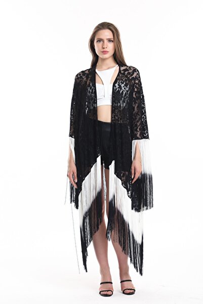 Sense Tasseled Short Lace Kimono| Kmno 34270 Ecru Black Tassel