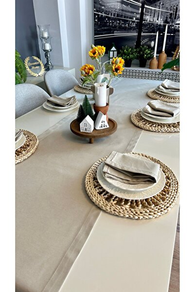 Decamor home Linen Beige Long Runner Top Quality Stain Resistant Carefree Fabric (Not Including Nappe)