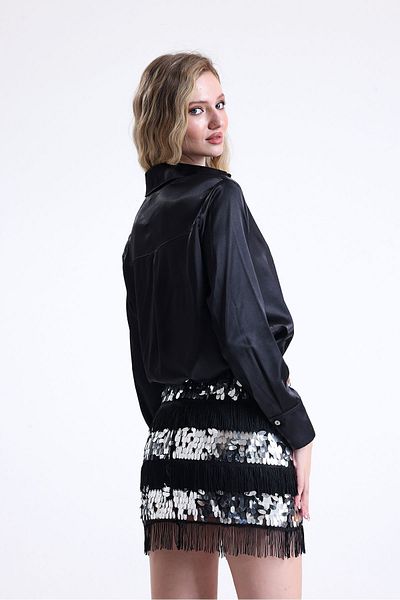 Sense Plus Size Evening Dress Mini Skirt with Sequin and Tassel Detail| Etk34438 Black
