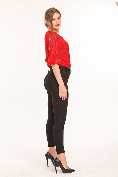 Sense Waist Fabric Covering Belted Front Stitching Iron Trace Skinny Leg Suede Trousers| Pnt32569 Black