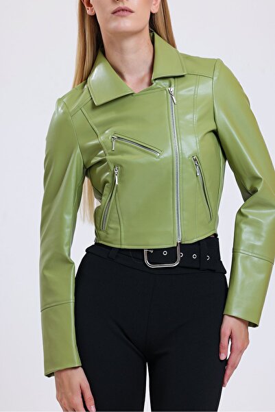 Sense Zipper Detailed Faux Leather Biker Coat| CKT34499 Olive
