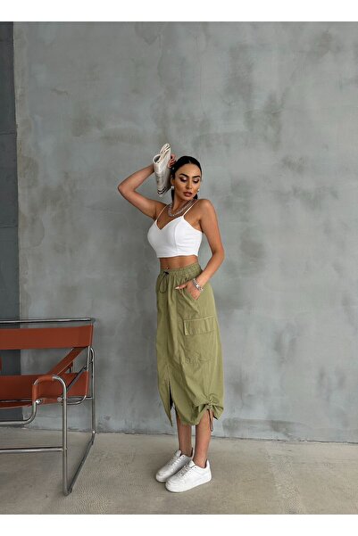 Zeo Basic Midi Length Parachute Fabric Skirt - Elastic Waist and Legs, Cargo Pocket