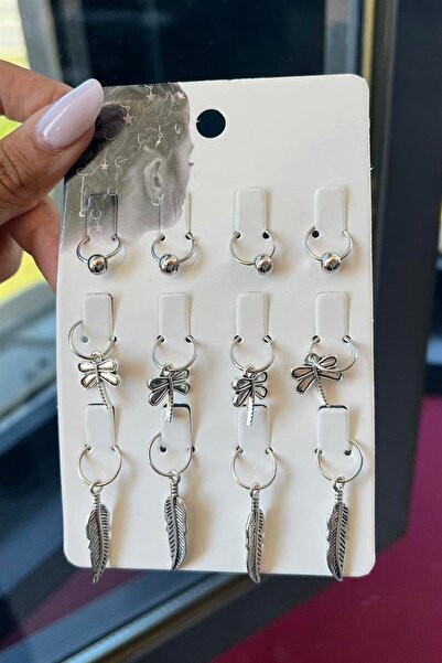 TAKIŞTIR Silver Color 12-Piece Dragonfly and Leaf Figured Hair Earrings