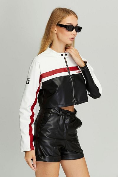 Black Level Palton de curse din piele cu fermoar imprimat pentru motociclist oversize pentru femei