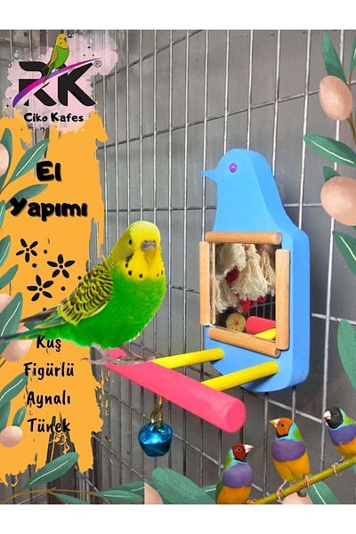 Ciko Kafes Colorful Bird Perch with Bird Figure and Mirror and Bells
