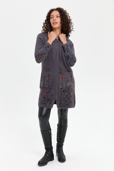 Desen Triko Anthracite Wild Flower Print Long Cardigan with Hood