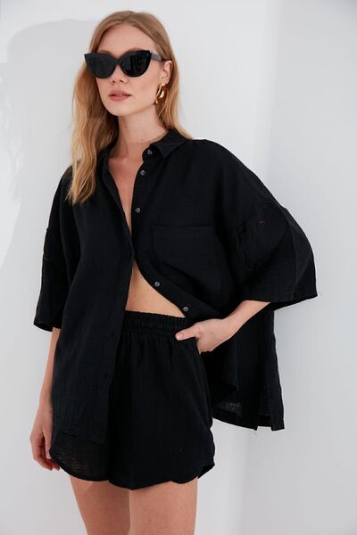 EDITION WOMAN Siyah Müslin Kadın Rahat Kesim Şort-7205