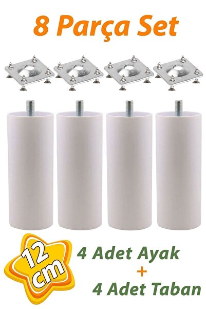 GLASWEN 4 Adet Destek Ayağı 12 cm Beyaz ve 4 Adet Düz Ayak Tabanı M8 Civatalı...