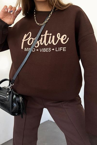 NO 601 Καφέ Positive Printed Γυναικείο Φούτερ - Crew Neck