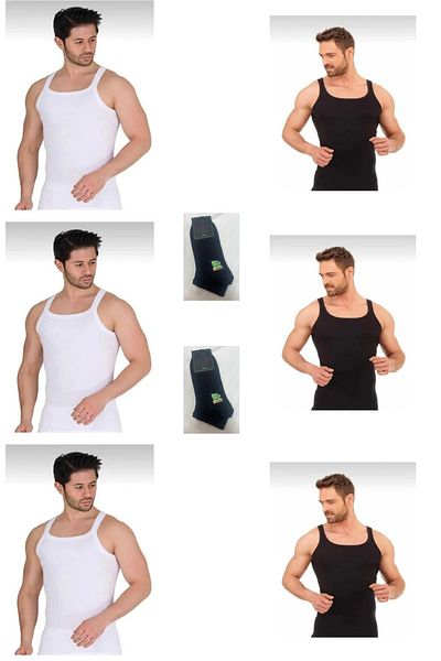 Berrak Men's Camisole 6 Pack - Thin Strap, Ribbed Sports Undershirt, Mixed Color, 2 Pairs of Bamboo Booties Socks Gift