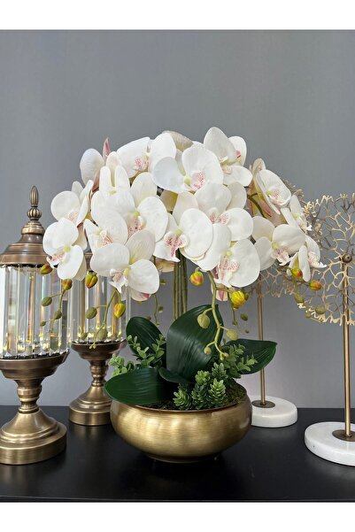 LİLOTEHOME Yapay Orkide 6 Dal Luxury Islak Beyaz Ufo Model Eskitme Mat Gold R...