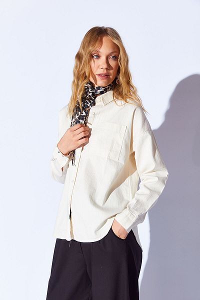 EDITION WOMAN Ecru Gabardine Soft Textured Oversize Women's Shirt - Single Pocket, Relaxed Fit - 8174