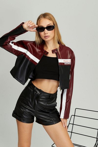 Black Level Women's Oversize Biker Printed Zippered Leather Racer Coat