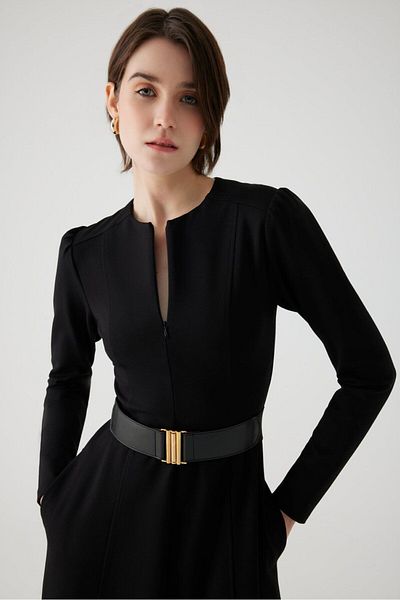 Exquise Long Black Belted Regular Dress