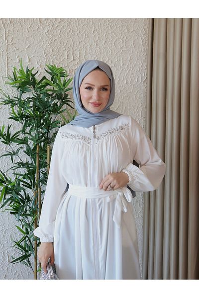 H HİJAB CENTER Medine Bead Embroidered Robani Silk Ferace - Height 145 cm