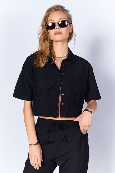 Manche Cămașă Crop de damă neagră - Mks 164358
