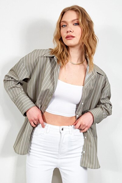 EDITION Оливкова смугаста жіноча сорочка оверсайз - Ek1007430-7430