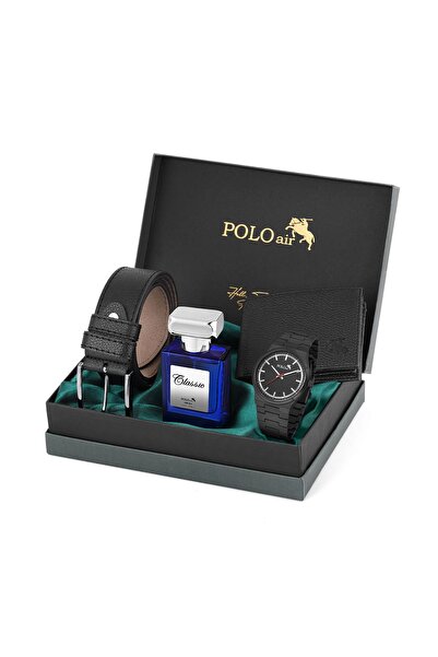 Polo Air Klasik Metal Kordon Erkek Kol Saati Cüzdan Kemer Parfüm Kombin Siyah...