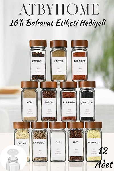 Atbyhome 12 Pieces Glass Spice Jar Set with Acacia Lid - 120 ml 16 Pieces with Label Gift