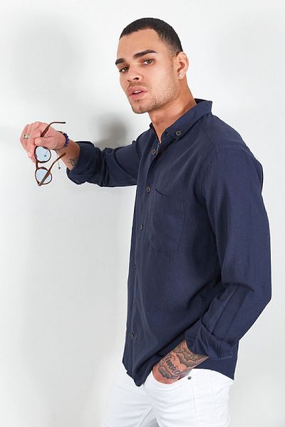 Manche Ανδρικό λινό πουκάμισο - Navy Blue Washed, Effect |   mj22s 121537 -1537