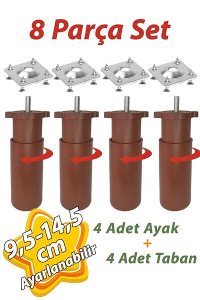 GLASWEN 4 Adet Destek Ayağı 9,5-14,5 cm Kahverengi ve 4 Adet Metal Düz Ayak T...