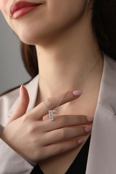 SUNSHINE 925 Ayar Rodyum Kaplamalı Pırlanta Görünümlü F Harfli Gümüş Kolye 45cm