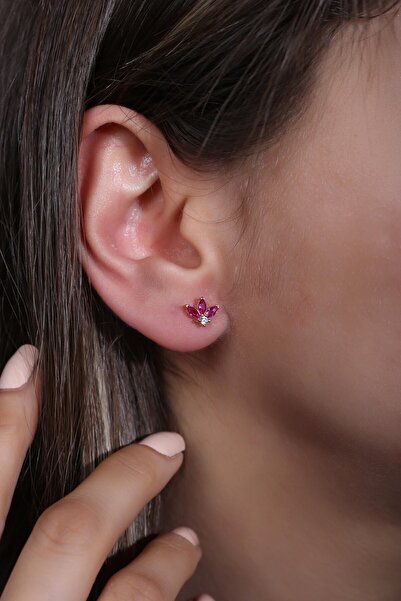 SUNSHINE 925 Ayar Rose Kaplamalı Fuşya Markiz Taşlı Minimal Tasarım Gümüş Küpe