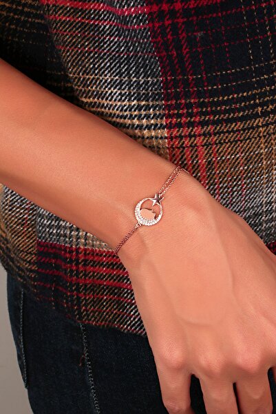 SUNSHINE 925 Ayar Rose Kaplamalı Beyaz Taşlı Atatürk Ve Ay-yıldız Gümüş Bileklik