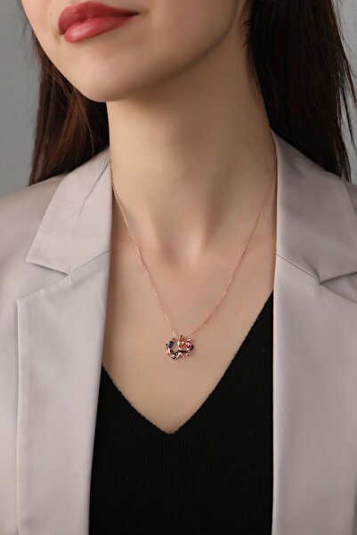 SUNSHINE 925 Ayar Rose Kaplamalı Nazar Gözlü Pembe, Yeşil, Sarı Renkli Kuşlu Gümüş Kolye