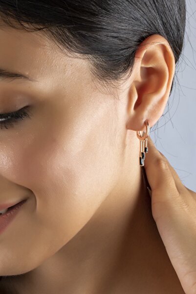 SUNSHINE 925 Ayar Rose Kaplamalı Sallantılı Dikdörtgen Siyah Taşlı Halka Gümüş Küpe