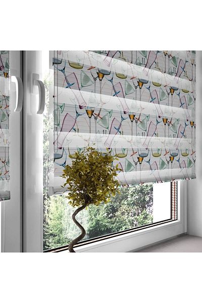 Turuncu Dizayn Green Champagne Wine Glasses Patterned Digital Printed Zebra Roller Blinds for Kitchen and Restaurant