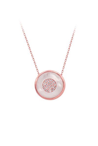 SUNSHINE 925 Ayar Rose Kaplamalı Sedef Taşlı Ve Beyaz Taşlı Yuvarlak Tasarım Gümüş Kolye