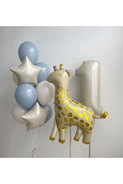 Çemrek Süs Parti طقم بالونات فويل على شكل نجمة وزرافة بيج لعمر سنة واحدة 14 قطعة