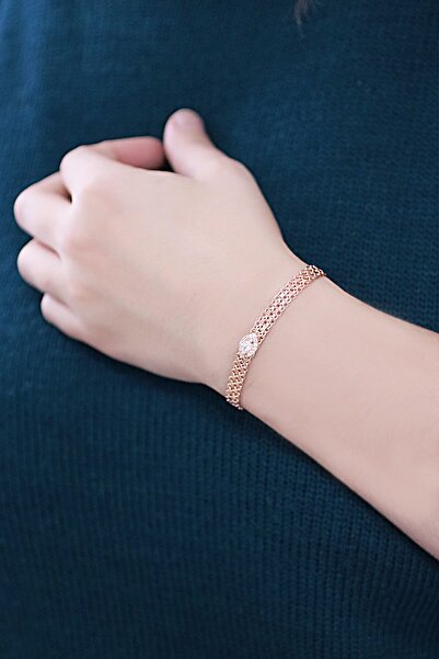 SUNSHINE 925 Ayar Rose Kaplamalı Oval Beyaz Taşlı Örme Zincir Gümüş Bileklik