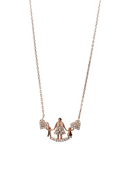 SUNSHINE 925 Ayar Rose Kaplamalı Beyaz Taşlı Anne Ve Çocuklu Gümüş Kolye