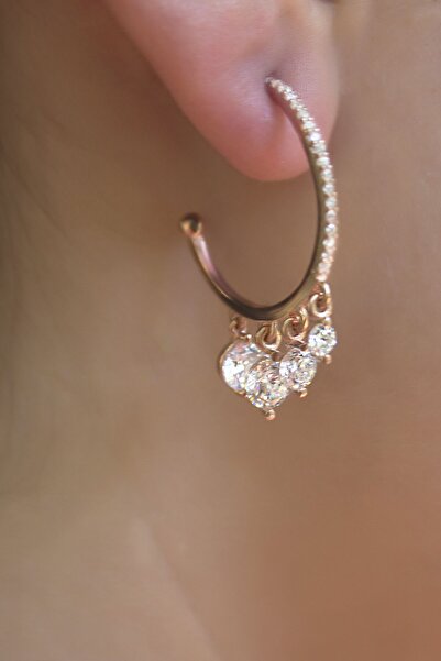 SUNSHINE 925 Ayar Rose Kaplamalı Sallantılı Beyaz Taşlı Şakira Halka Gümüş Küpe