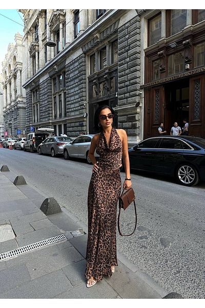 MY DEPO Leopard Patterned Satin Blouse and Skirt Set - Back Tie-Up