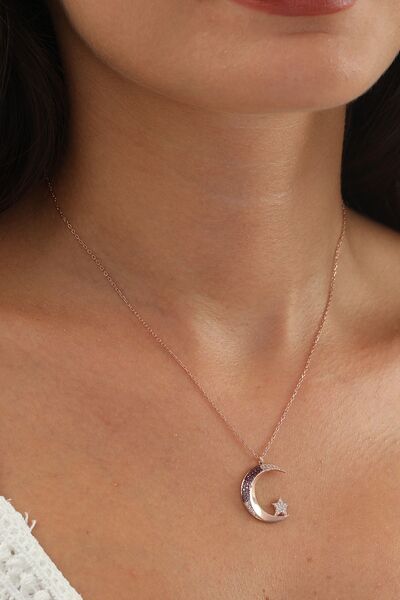 SUNSHINE 925 Ayar Rose Kaplamalı Ruby Taşlı Ay Yıldız Gümüş Kolye