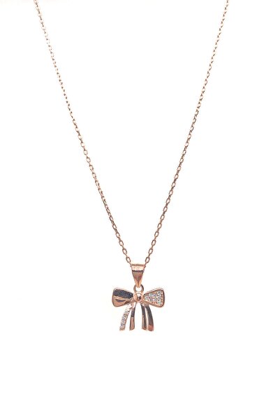 SUNSHINE 925 Ayar Rose Kaplamalı Beyaz Taşlı Fiyonk Gümüş Kolye