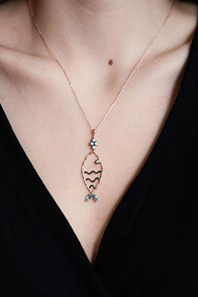 SUNSHINE 925 Ayar Rose Kaplamalı Incili Mavi Ve Beyaz Taşlı Balık Gümüş Kolye