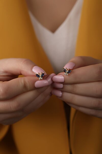 SUNSHINE 925 Ayar Gold Mavi Zirkon Taşlı Kelebek Gümüş Küpe