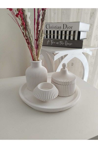 Dore hobi 4 Piece Decorative Flower Pot Set - Candle Holder, Turkish Delight Holder and Plate