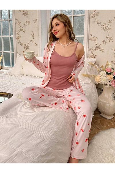 Cesur Elegant Floral Patterned 3-piece Powder Women's Pajamas and Dressing Gown Set
